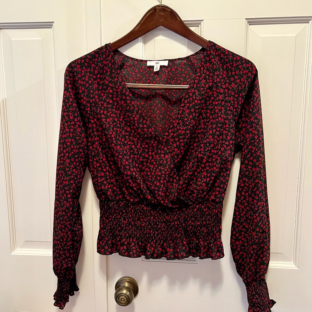 BP Black and Red Floral Smocked Blouse